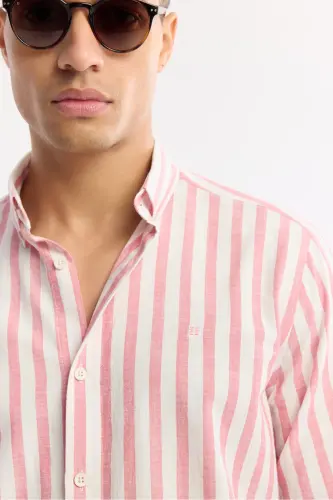 Men's Red 100% Cotton Button-Down Collar Linen Textured - AVVA (1)