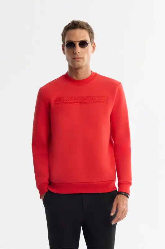 Men's Red Crew Neck 3 Thread Brushed Print - AVVA