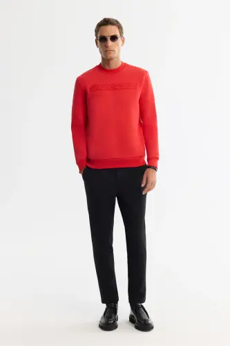 Men's Red Crew Neck 3 Thread Brushed Print - 5