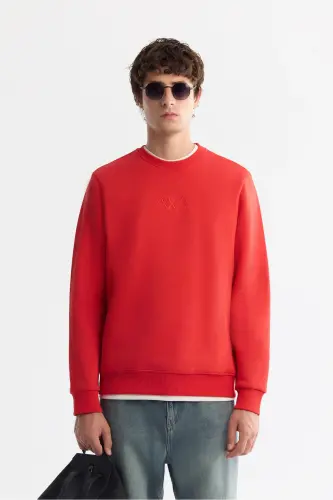 Men's Red Crew Neck 3 Thread Brushed Sweatshirt - 1
