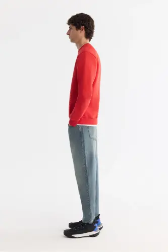 Men's Red Crew Neck 3 Thread Brushed Sweatshirt - 3