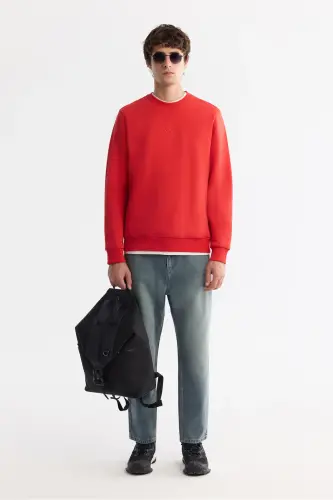 Men's Red Crew Neck 3 Thread Brushed Sweatshirt - 5