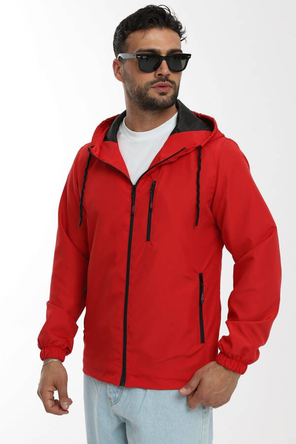 Men's Red Lined Waterproof Windproof Hooded Pocket Raincoat - 11