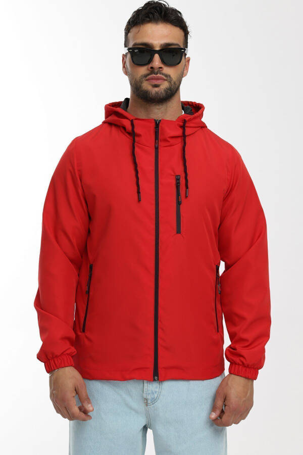 Men's Red Lined Waterproof Windproof Hooded Pocket Raincoat - 1