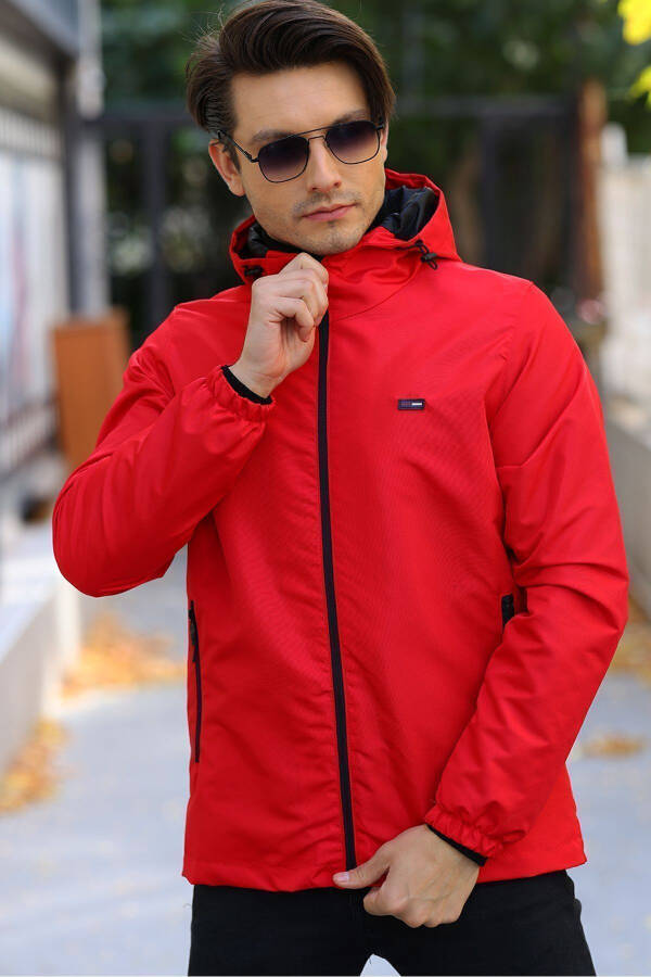 Men's Red Lined Windproof Hooded Pocket Raincoat - 14