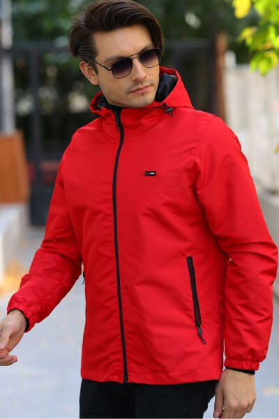 Men's Red Lined Windproof Hooded Pocket Raincoat - 15