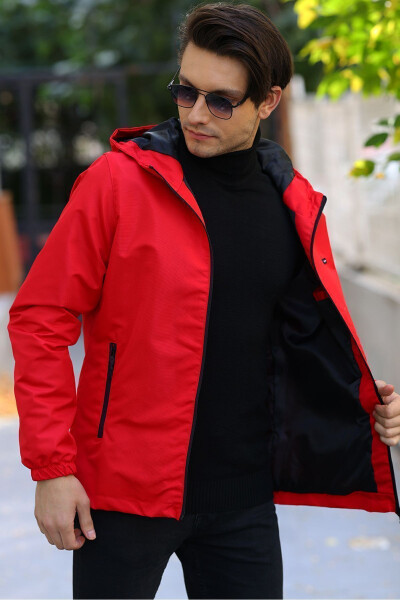 Men's Red Lined Windproof Hooded Pocket Raincoat - 18