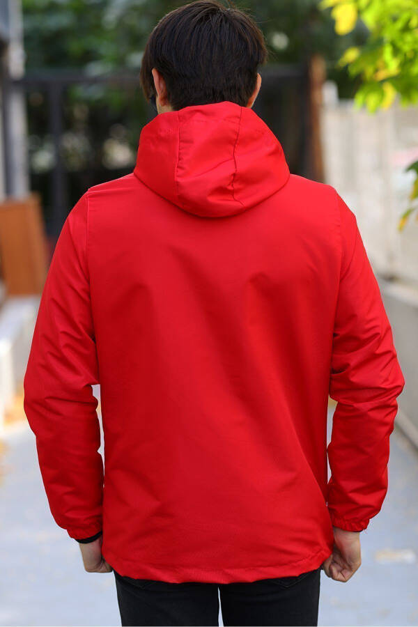 Men's Red Lined Windproof Hooded Pocket Raincoat - 19