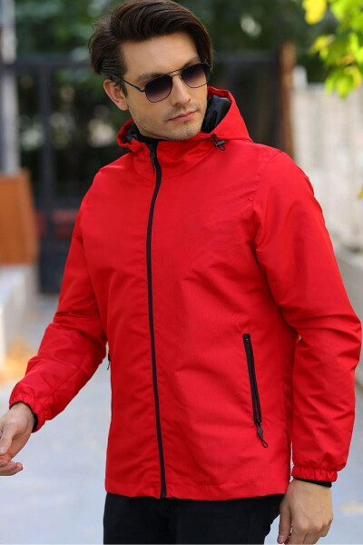 Men's Red Lined Windproof Hooded Pocket Raincoat - 2