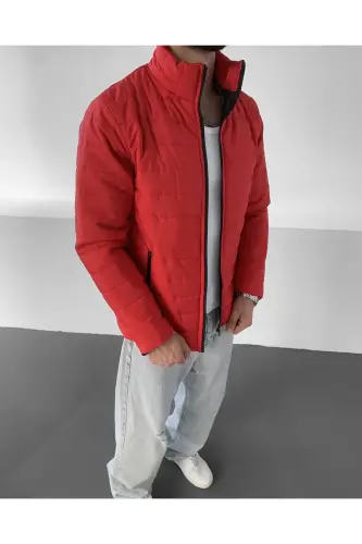 Men's Red Regular Waterproof Zipped Puffer Coat with Inner Pocket - Red - 3