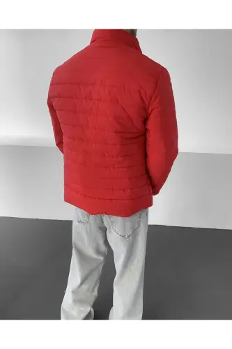 Men's Red Regular Waterproof Zipped Puffer Coat with Inner Pocket - Red - 4