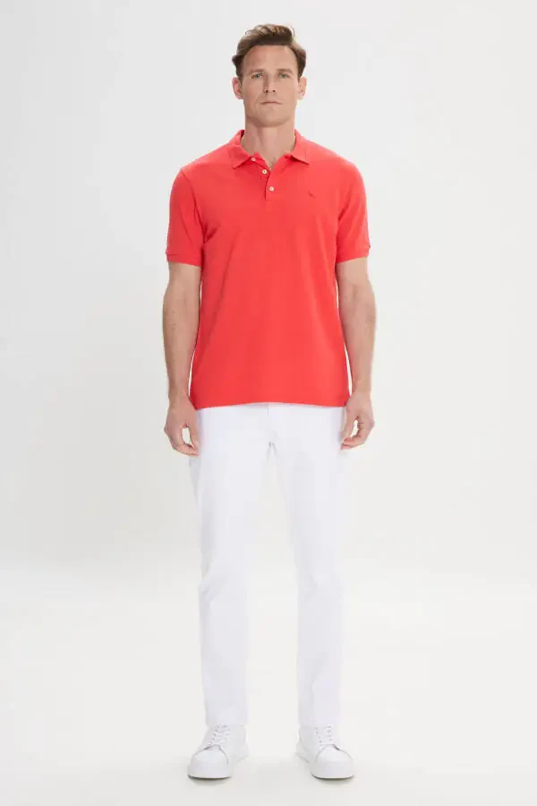 Men's Red Slim Fit Polo Shirt 100% Cotton Short Sleeve T-Shirt - 2