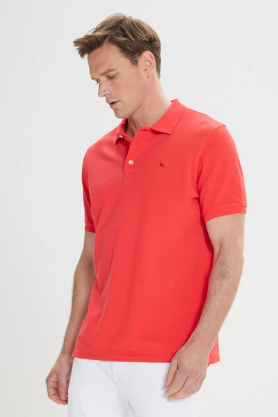 Men's Red Slim Fit Polo Shirt 100% Cotton Short Sleeve T-Shirt - 3
