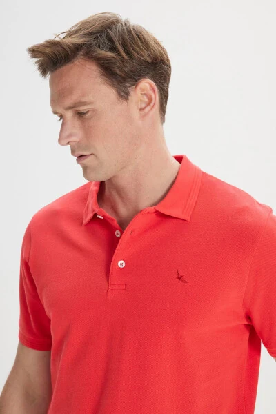 Men's Red Slim Fit Polo Shirt 100% Cotton Short Sleeve T-Shirt - 4