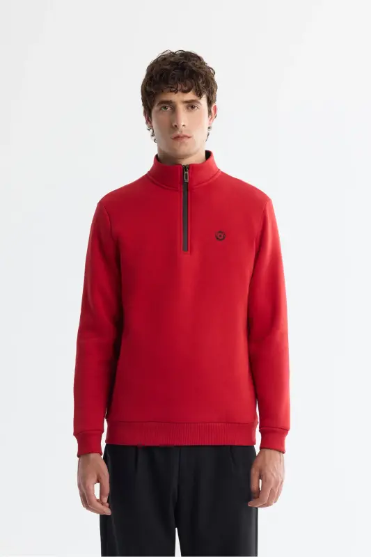 Men's Red Stand-Up Collar Zippered 3 Threaded Brushed Sweatshirt E001020-Red - 1