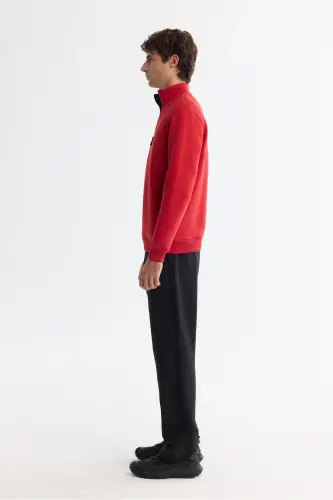 Men's Red Stand-Up Collar Zippered 3 Threaded Brushed Sweatshirt E001020-Red - 3