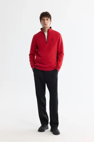 Men's Red Stand-Up Collar Zippered 3 Threaded Brushed Sweatshirt E001020-Red - 5