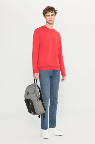 Men's Red Standard Fit Regular Fit Fleece Lined 3 Thread Crew Neck Cotton Sweatshirt-Red - 8
