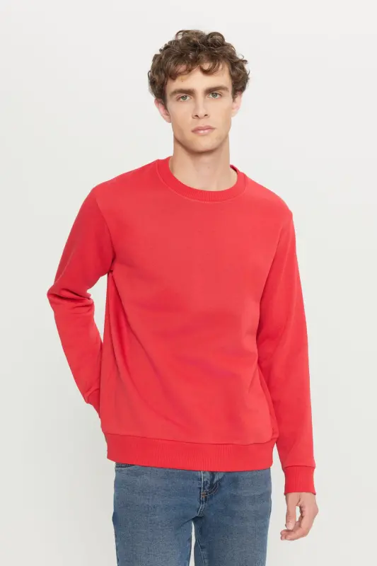 Men's Red Standard Fit Regular Fit Fleece Lined 3 Thread Crew Neck Cotton Sweatshirt-Red - 9
