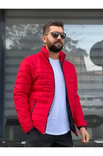 Men's Red Waterproof Zippered Puffer Jacket-Red - 1