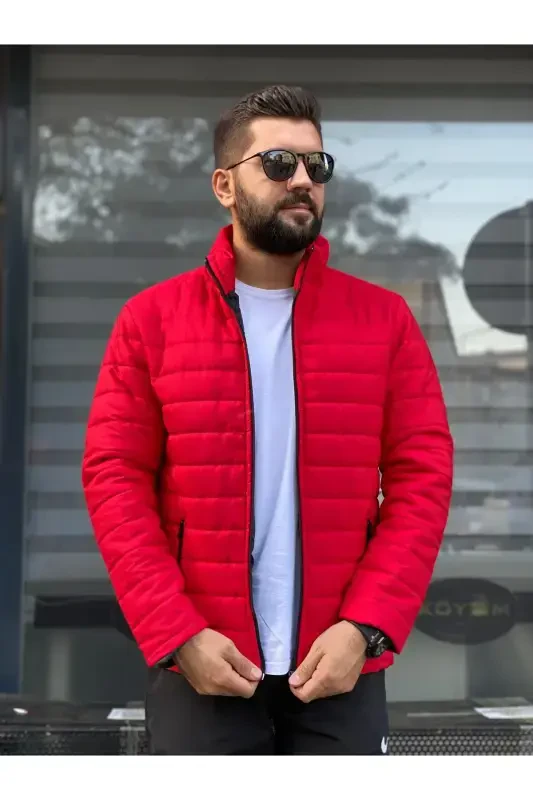 Men's Red Waterproof Zippered Puffer Jacket-Red - 3