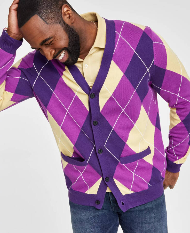 Men's Regular-Fit Argyle Cardigan, Created for Modazone Purple - 7