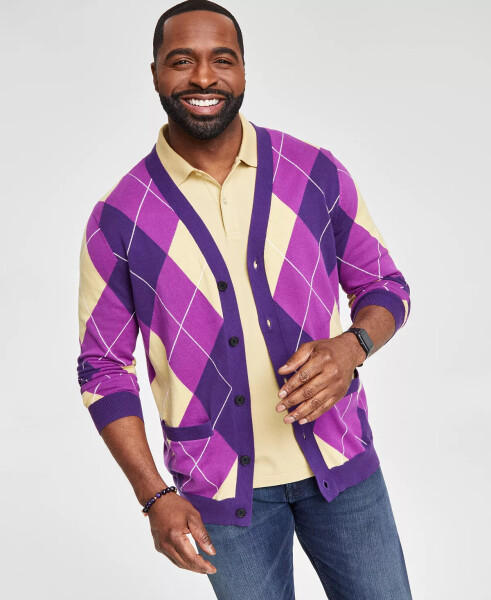 Men's Regular-Fit Argyle Cardigan, Created for Modazone Purple - 2