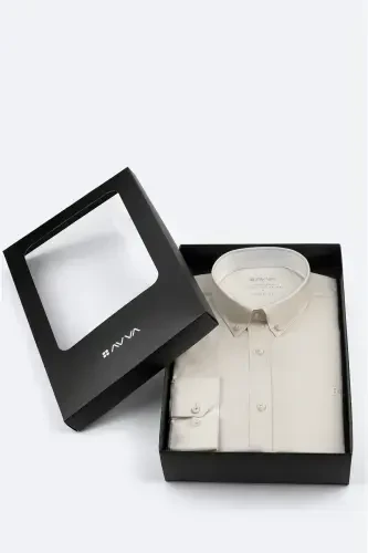 Men's Regular Fit Beige Button-Down Collar 100% Cotton Oxford Basic Shirt B002034-Beige - AVVA (1)