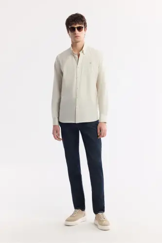 Men's Regular Fit Beige Button-Down Collar 100% Cotton Oxford Basic Shirt B002034-Beige - 7