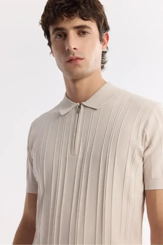 Men's Regular Fit Beige Polo Collar Rayon Knitted T-Shirt A51Y5046-Beige - 2