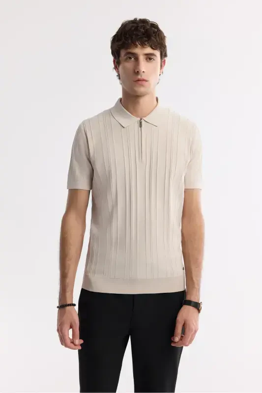 Men's Regular Fit Beige Polo Collar Rayon Knitted T-Shirt A51Y5046-Beige - 6