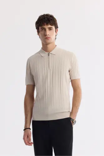 Men's Regular Fit Beige Polo Collar Rayon Knitted T-Shirt A51Y5046-Beige 