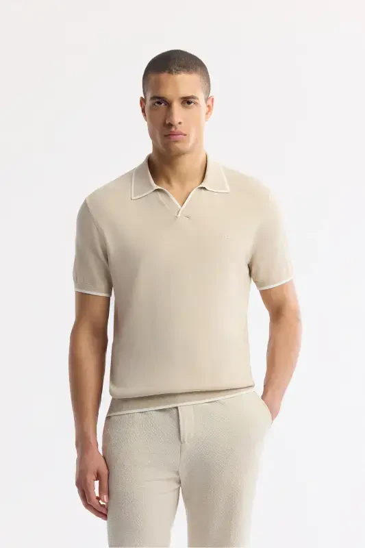 Men's Regular Fit Beige Polo Collar Rayon Knitted T-Shirt A51Y5056 - 1
