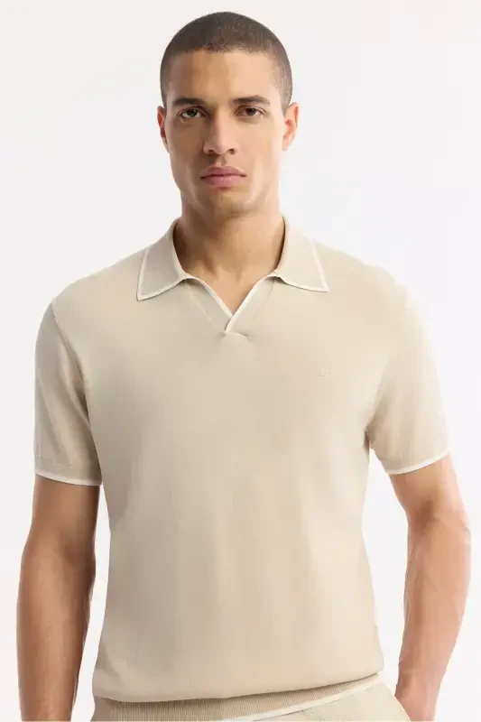 Men's Regular Fit Beige Polo Collar Rayon Knitted T-Shirt A51Y5056 - 2