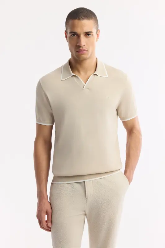 Men's Regular Fit Beige Polo Collar Rayon Knitted T-Shirt A51Y5056 - 5