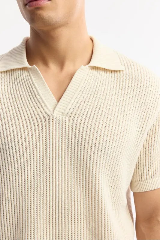 Men's Regular Fit Beige Polo Neck 100% Cotton Knitted T-Shirt A51Y5166 - 4