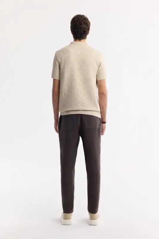 Men's Regular Fit Beige Polo Neck Cotton Knitted T-Shirt A51Y5040-Beige - 4