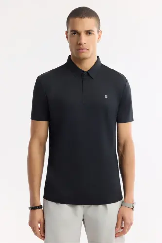 Men's Regular Fit Black Wrinkle-Resistant Polo Collar Technical Fabric T-Shirt A51Y1155-Black - 5