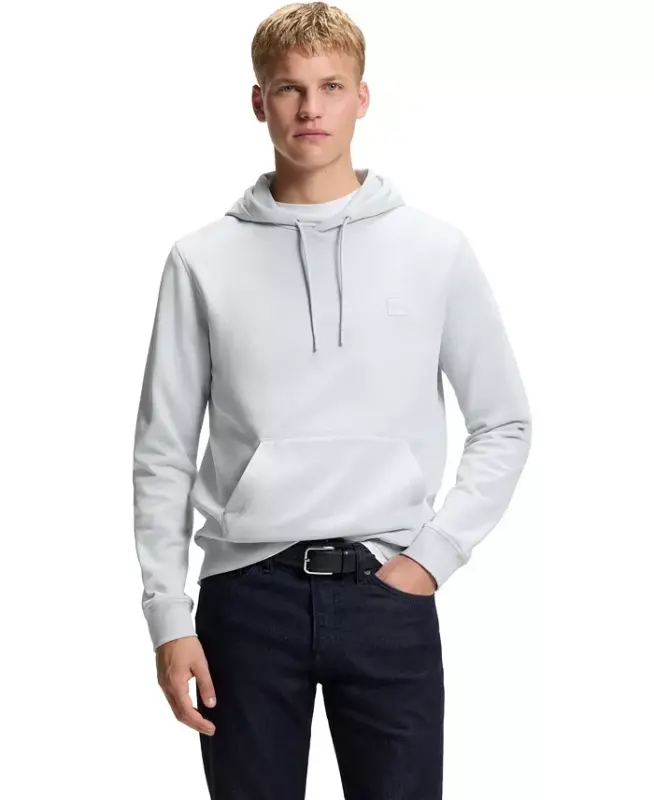 Men's Regular-Fit Cotton Terry Logo Patch Hoodie - Open Gray - HUGO BOSS