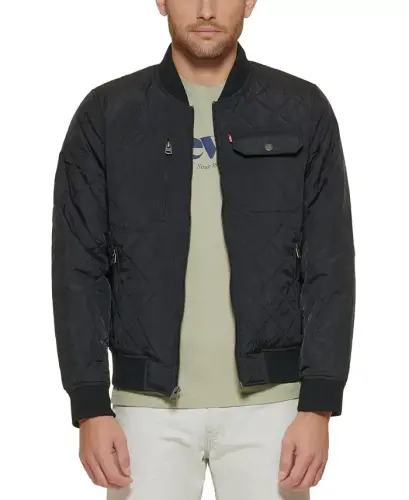 Men's Regular-Fit Diamond-Quilted Bomber Jacket - Black - 1