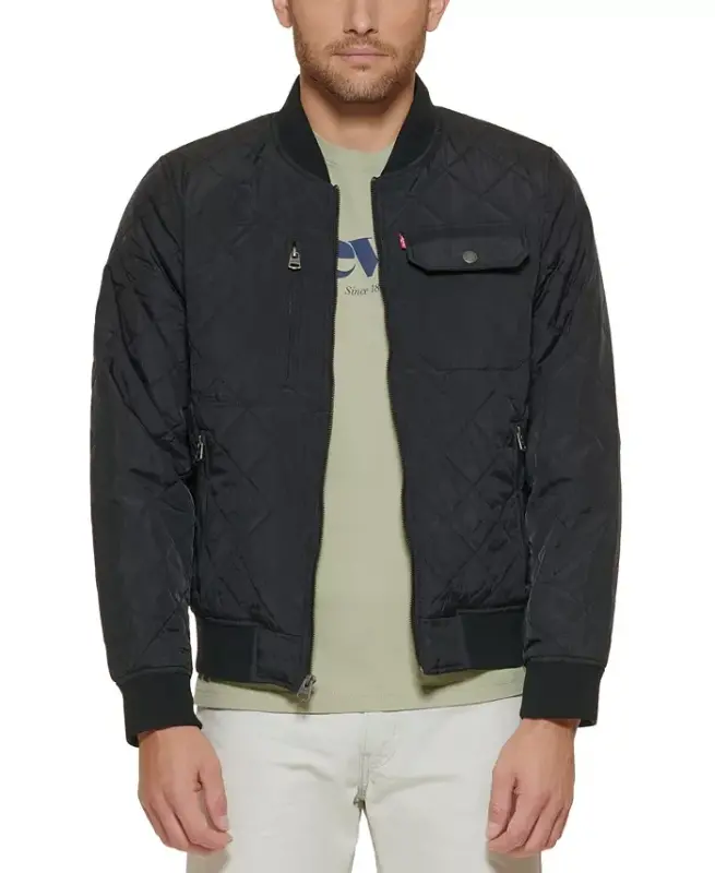 Men's Regular-Fit Diamond-Quilted Bomber Jacket - Black - 1