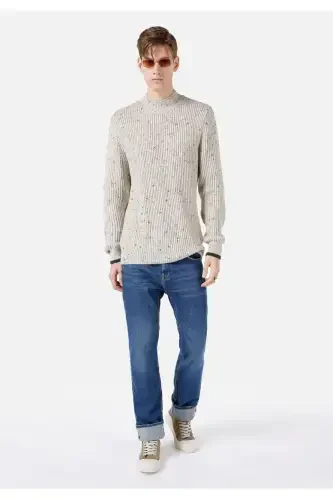 Men's regular fit fisherman's neck sweater, stone color. - 3