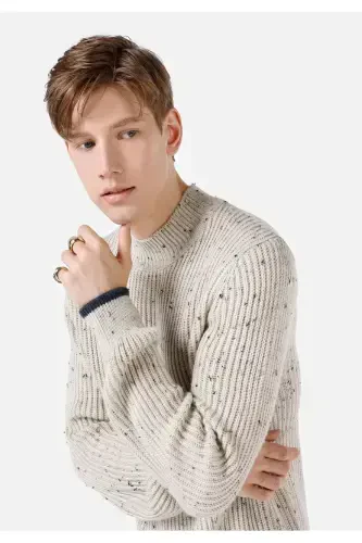 Men's regular fit fisherman's neck sweater, stone color. - 4