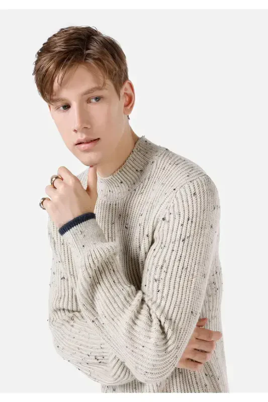 Men's regular fit fisherman's neck sweater, stone color. - 4