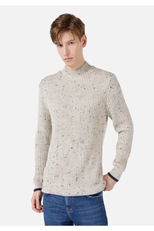Men's regular fit fisherman's neck sweater, stone color. - 1