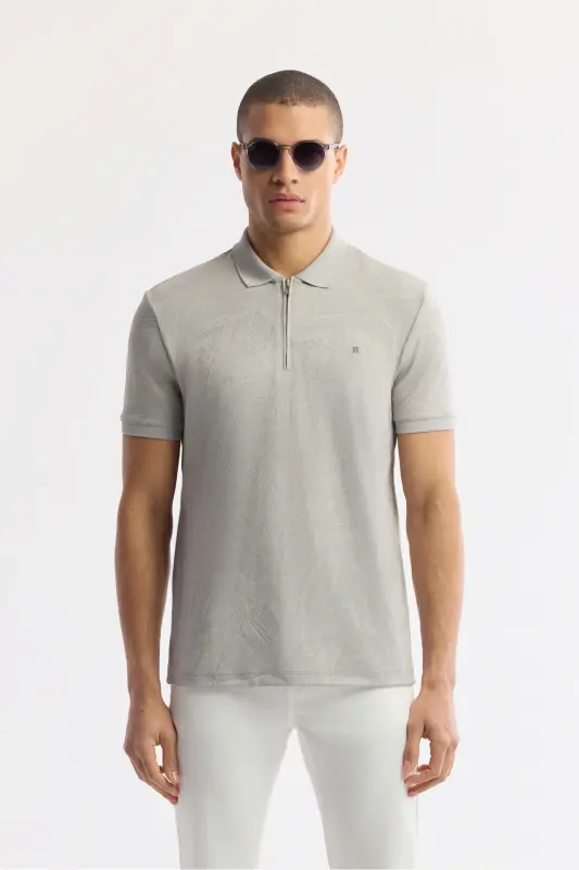 Men's Regular Fit Gray Polo Collar Jacquard Elastane T-Shirt A51Y1059-Gray - AVVA
