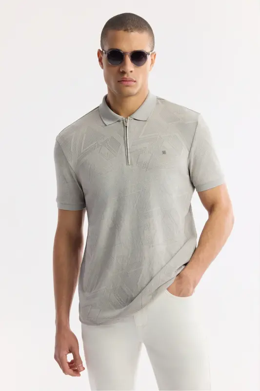 Men's Regular Fit Gray Polo Collar Jacquard Elastane T-Shirt A51Y1059-Gray - 5
