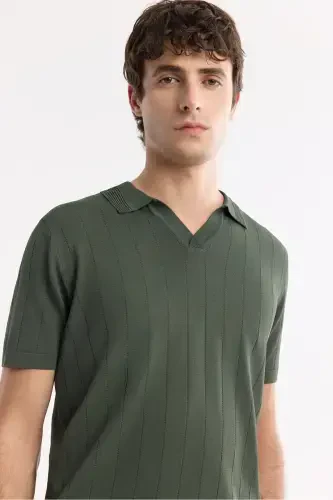 Men's Regular Fit Khaki Polo Collar Rayon Knit T-Shirt A51Y5015-Khaki - AVVA (1)