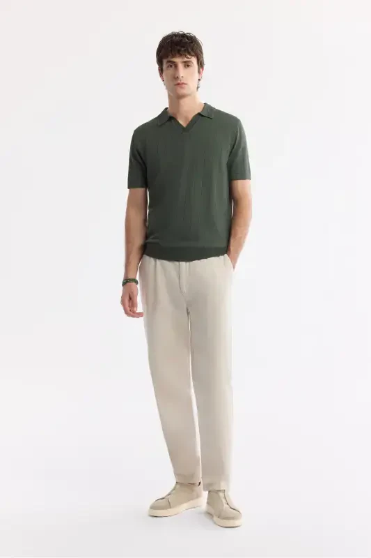 Men's Regular Fit Khaki Polo Collar Rayon Knit T-Shirt A51Y5015-Khaki - 5