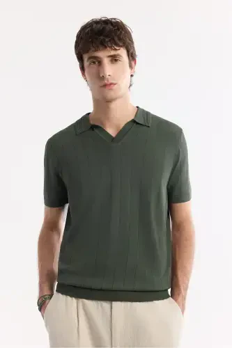 Men's Regular Fit Khaki Polo Collar Rayon Knit T-Shirt A51Y5015-Khaki - 6